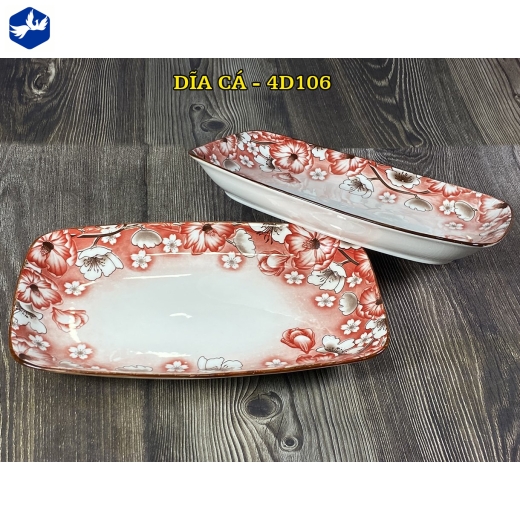 đĩa sứ cá - hoa văn 4D hoa đỏ trắng đẹp - 4D106
