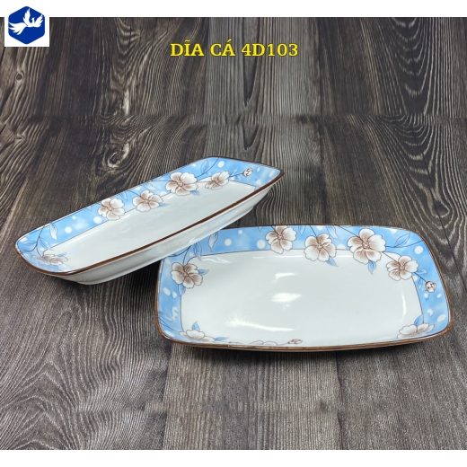 đĩa sứ cá - hoa văn 4D hoa trắng nền xanh đẹp - 4D103