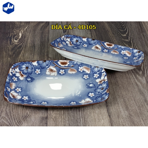 đĩa sứ cá - hoa văn 4D hoa xanh trắng đẹp - 4D105