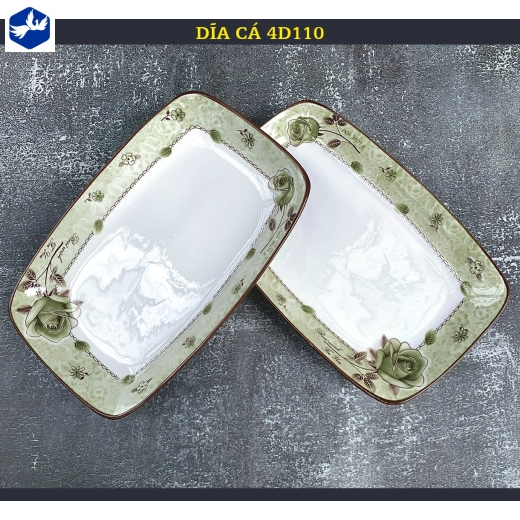 đĩa sứ cá - hoa văn 4D bông hồng xanh lục đẹp - 4D110