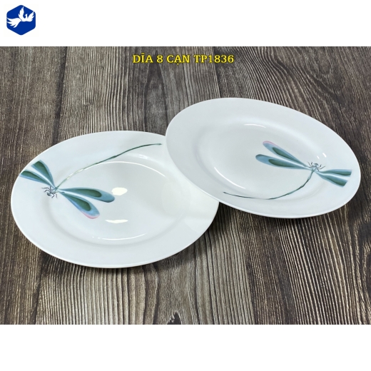 đĩa sứ cạn 8 inch - hoa văn con chuồn chuồn đẹp - TP1836
