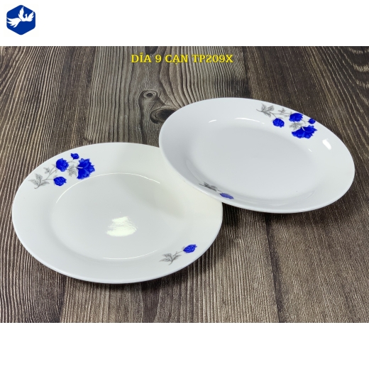 đĩa sứ cạn 9 inch - hoa mẫu đơn xanh - TP209