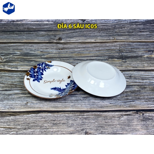 đĩa sứ sâu 6 inch - hoa văn hoa lá cành đẹp - IC05