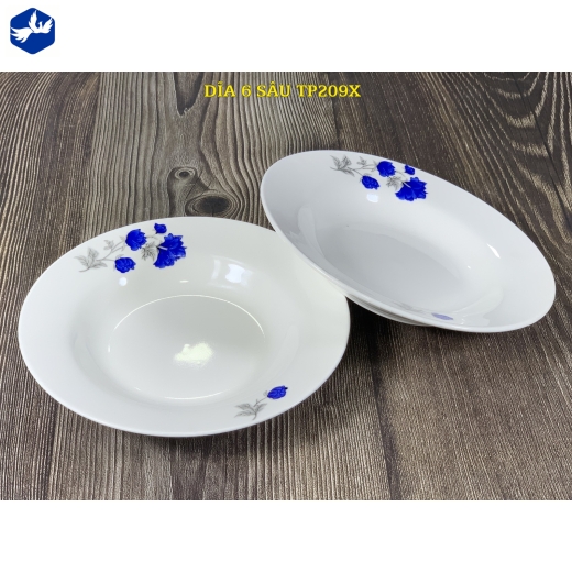 đĩa sứ sâu 6 inch - hoa mẫu đơn xanh - TP209