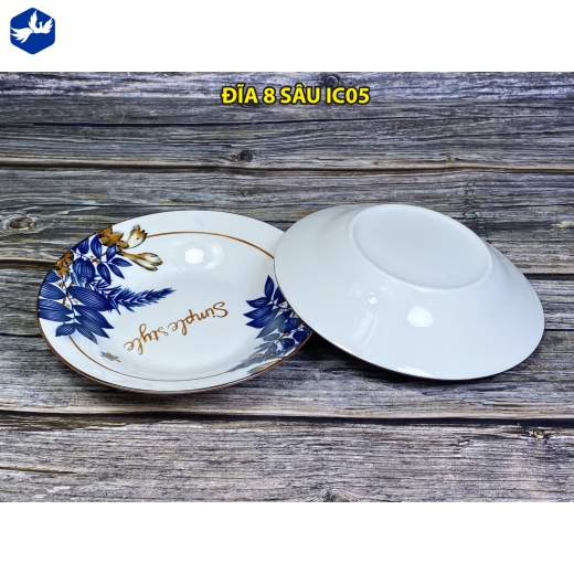 đĩa sứ sâu lòng 8 inch - hoa văn hoa lá cành đẹp - IC05