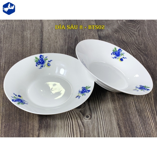 đĩa sứ sâu lòng 8 inch - bông hồng xanh nhỏ - BTS02