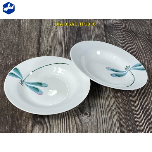 đĩa sứ sâu 8 inch - hoa văn con chuồn chuồn đẹp - TP1836