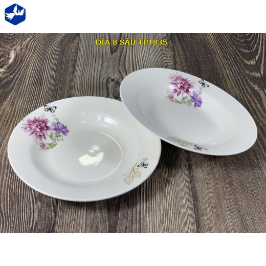 Đĩa sứ sâu 8 inch - bông cúc tím đẹp  - TP1835