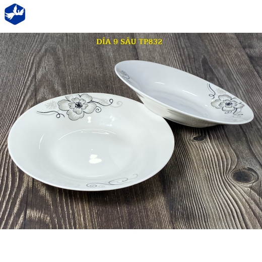 đĩa sứ sâu 9 inch - hoa mai ánh kim cách điệu đẹp - TP832