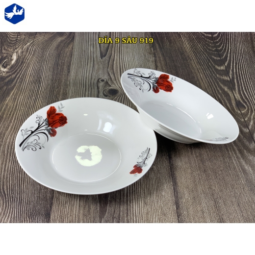 đĩa sứ sâu lòng 9 inch - bông hồng nhung đỏ đẹp - 919