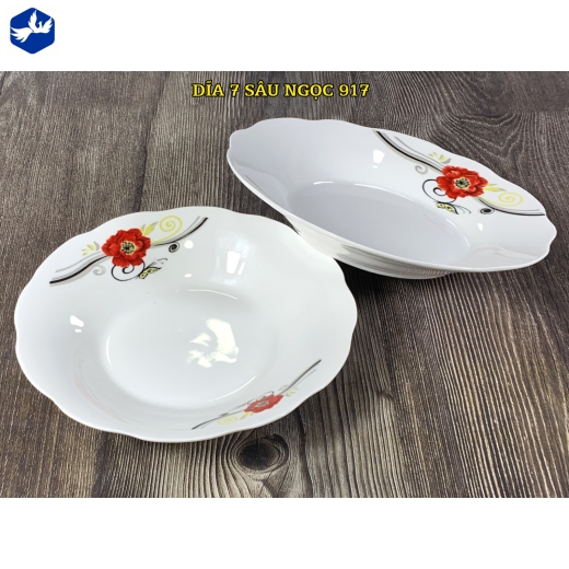 đĩa sứ sâu bèo 7 inch - hoa mẫu đơn đỏ đẹp - 917