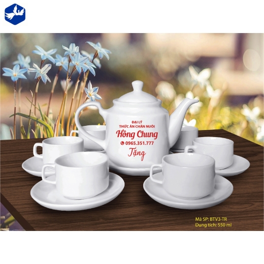 Bộ Ấm Trà vuông men trắng đẹp In Logo làm quà tặng