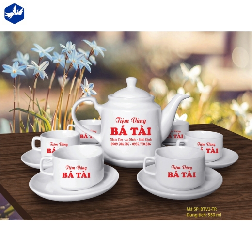Bộ Ấm Trà kiểu dáng vuông men trắng cao cấp In Logo ■