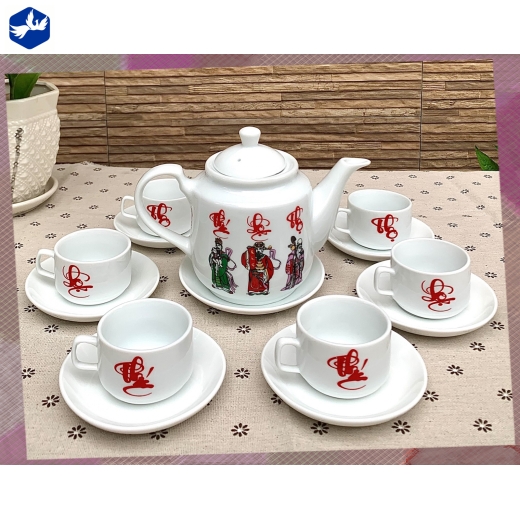 Bộ Tách Trà Sứ Trắng Họa Tiết Phúc Lộc Thọ Độc Đáo