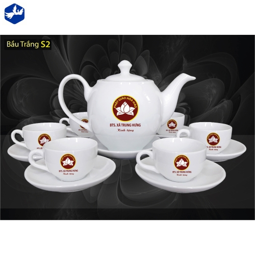 Bộ Ấm Trà Bầu men trắng đẹp, cao cấp In Logo đẹp