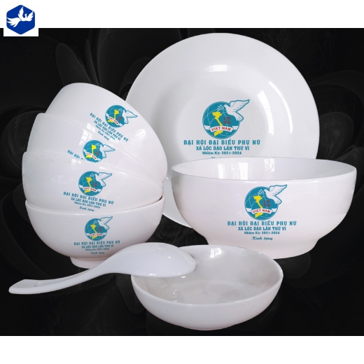 bộ tô chén đĩa men trắng in logo làm quà tặng