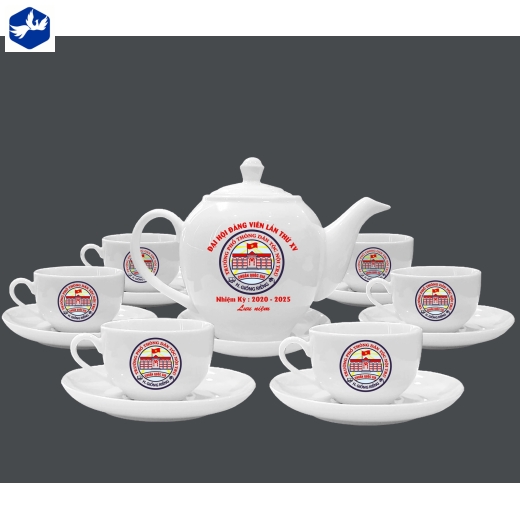 Bộ tách Trà Bầu men trắng In Logo đẹp, bền, không phai màu