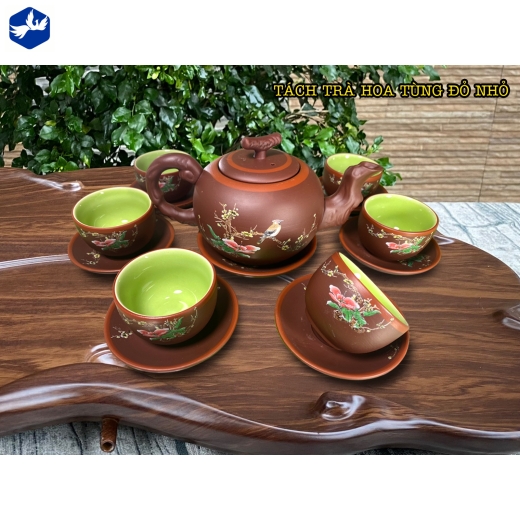 bộ tách trà hoa tùng đỏ nhỏ in hoa đẹp