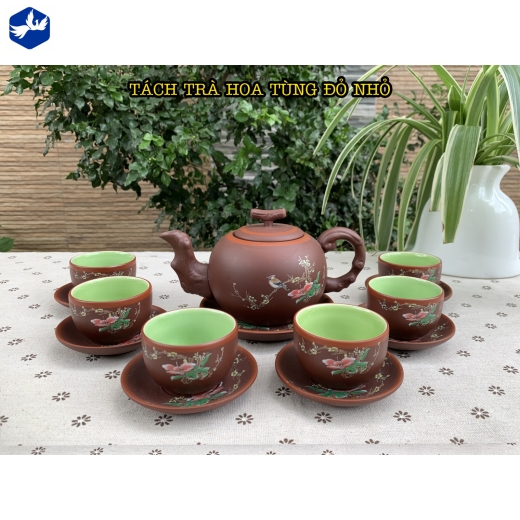 bộ tách trà hoa tùng đỏ nhỏ in hoa đẹp