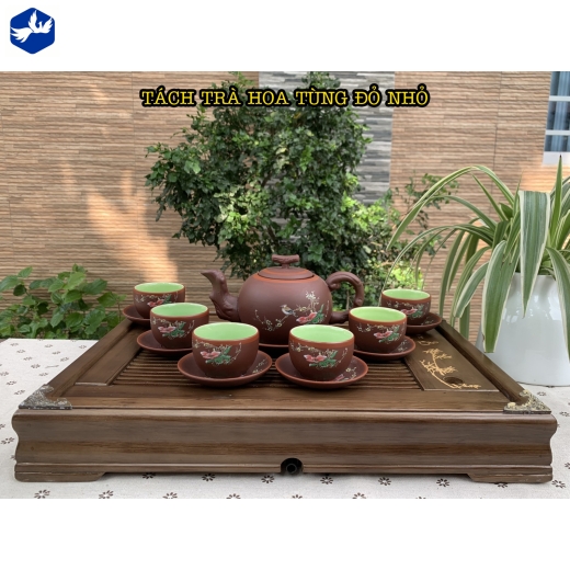 bộ tách trà hoa tùng đỏ nhỏ in hoa đẹp