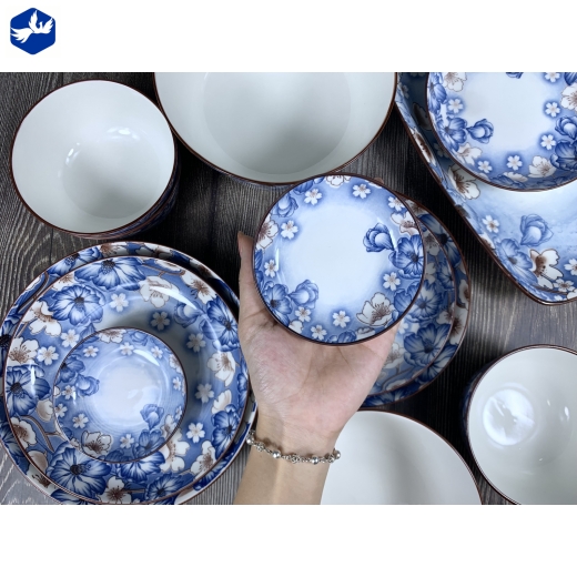 bộ bàn ăn 16 món - hoa văn 4d hoa xanh, hoa trắng đẹp - 4d105