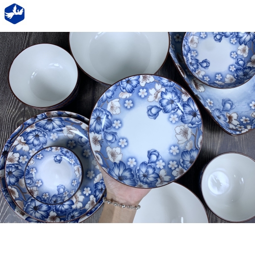 bộ bàn ăn 16 món - hoa văn 4d hoa xanh, hoa trắng đẹp - 4d105