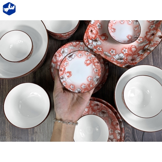 bộ bàn ăn 16 món - hoa văn 4d hoa đỏ, hoa trắng đẹp - 4d106