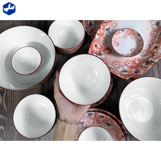 bộ bàn ăn 16 món - hoa văn 4d hoa đỏ, hoa trắng đẹp - 4d106