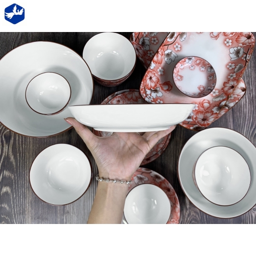 bộ bàn ăn 10 món - hoa văn 4d hoa đỏ, hoa trắng đẹp - 4d106