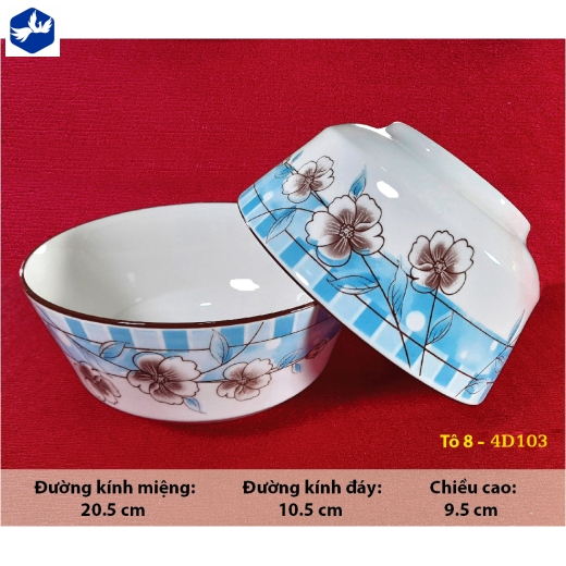 tô sứ 8 inch kiểu châu âu - hoa văn 4D hoa trắng nền xanh đẹp - 4D103