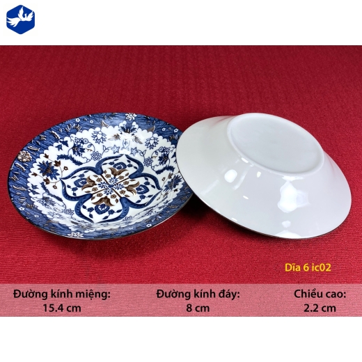 đĩa sứ sâu 6 inch - hoa văn xanh cách điệu đồng tâm, đối xứng độc lạ - IC02