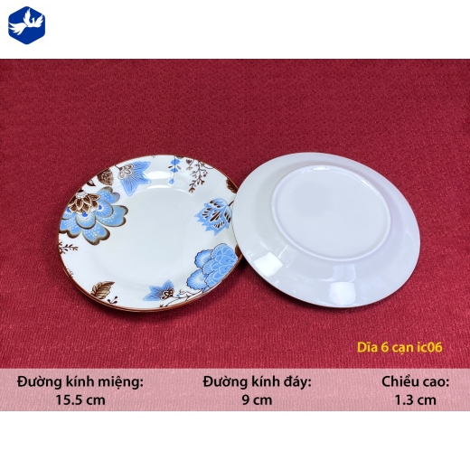 đĩa sứ cạn 6 inch - bông hoa xanh cách điệu đẹp - IC06