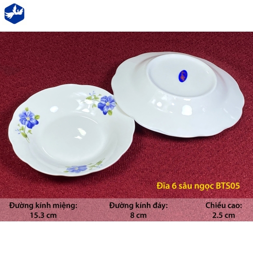đĩa sứ sâu bèo 6 inch - bông hoa xanh - BTS05