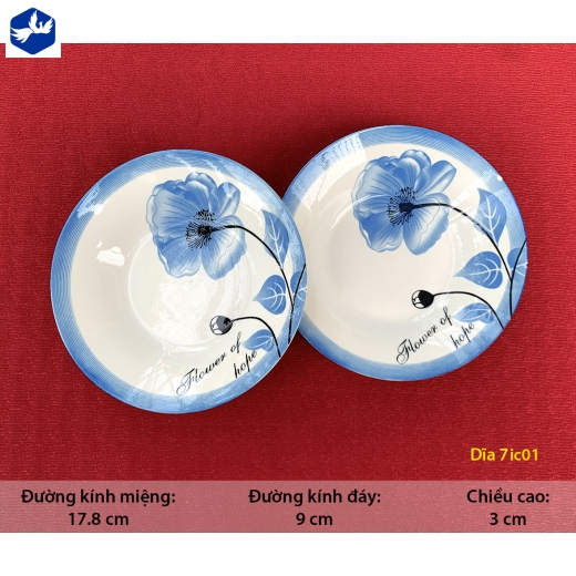 đĩa sứ sâu lòng 7 inch - bông hoa xanh to viền miệng - IC01