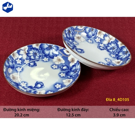 đĩa sứ 8 inch - hoa văn 4D hoa xanh đẹp - 4D105