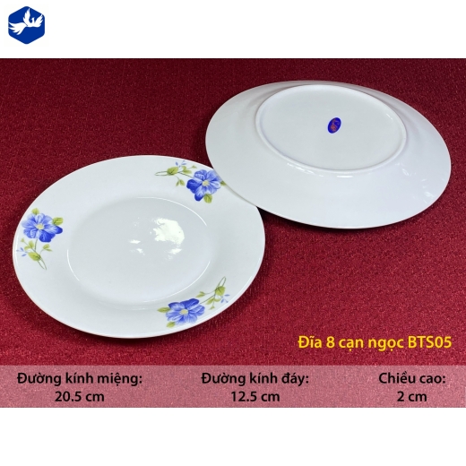 đĩa sứ cạn 8 inch - bông hoa xanh - BTS05