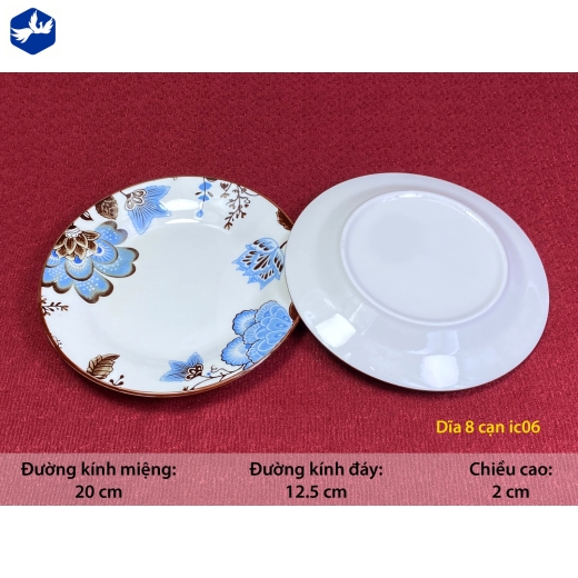 đĩa sứ cạn 8 inch - bông hoa xanh cách điệu đẹp - IC06