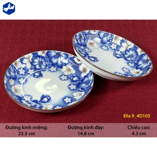 đĩa sứ 9 inch - hoa văn 4D hoa xanh đẹp - 4D105