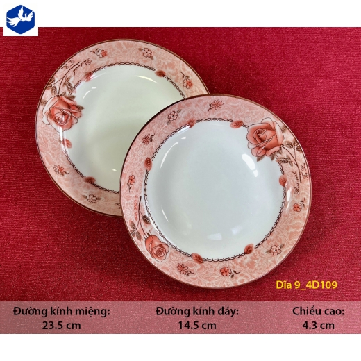 đĩa sứ 9 inch - hoa văn 4D bông hồng đỏ đẹp - 4D109
