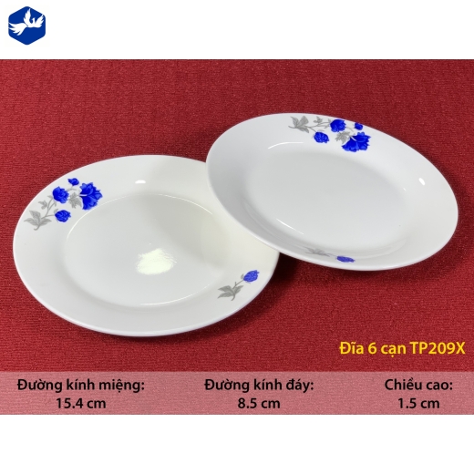 đĩa sứ cạn 6 inch - hoa mẫu đơn xanh - TP209