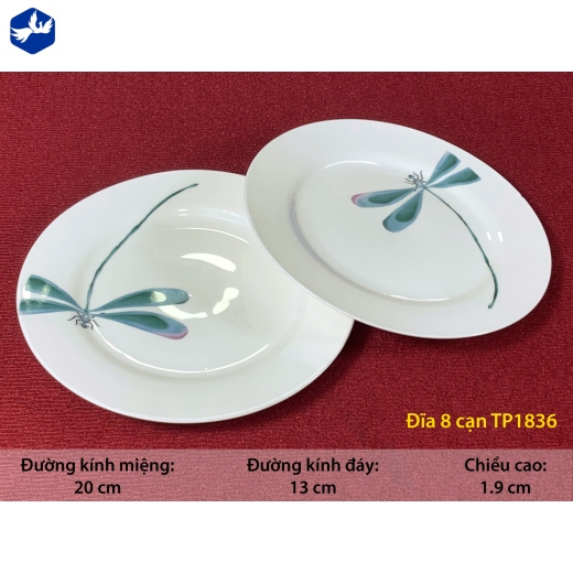 đĩa sứ cạn 8 inch - hoa văn con chuồn chuồn đẹp - TP1836