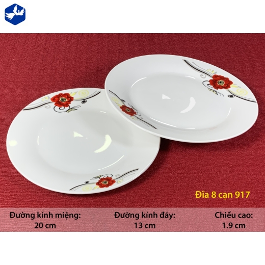đĩa sứ cạn 8 inch -  hoa mẫu đơn đỏ đẹp - 917