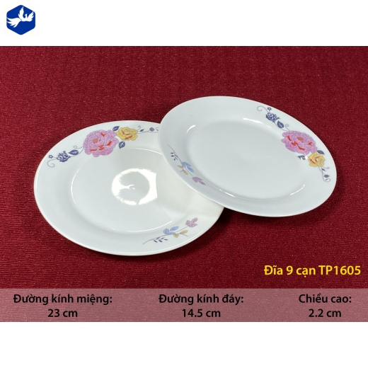 đĩa sứ cạn 9 inch - hoa mẫu đơn hồng cách điệu đẹp, lạ - TP1605