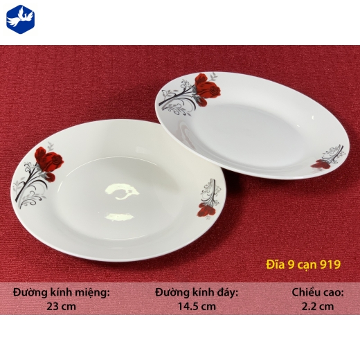 đĩa sứ cạn 9 inch - bông hồng nhung đỏ đẹp - 919