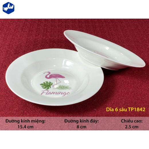 đĩa sứ sâu 6 inch - hoa văn chim hồng hạc đẹp - TP1842