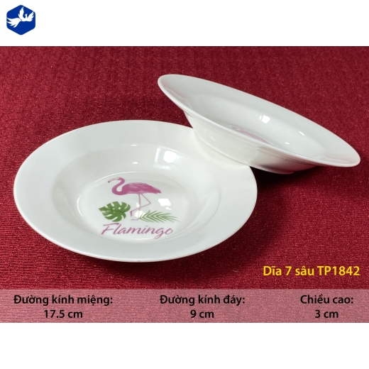 đĩa sứ sâu 7 inch - hoa văn chim hồng hạc đẹp - TP1842