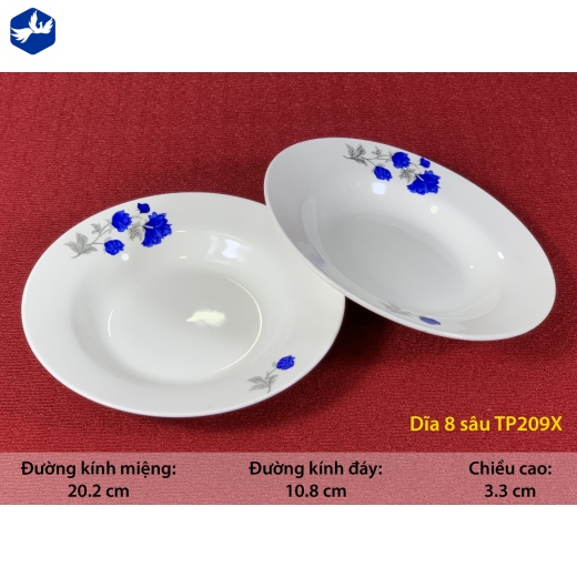 đĩa sứ sâu 8 inch - hoa mẫu đơn xanh - TP209