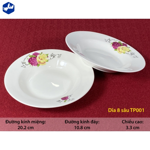đĩa sứ sâu 8 inch - hoa hồng đẹp - TP001