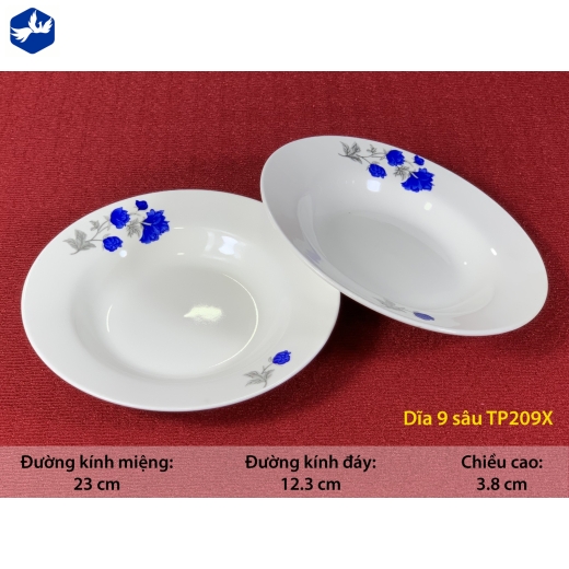 đĩa sứ sâu 9 inch - hoa mẫu đơn xanh - TP209