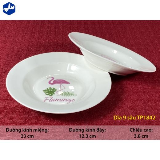 đĩa sứ sâu 9 inch - hoa văn chim hồng hạc đẹp - TP1842